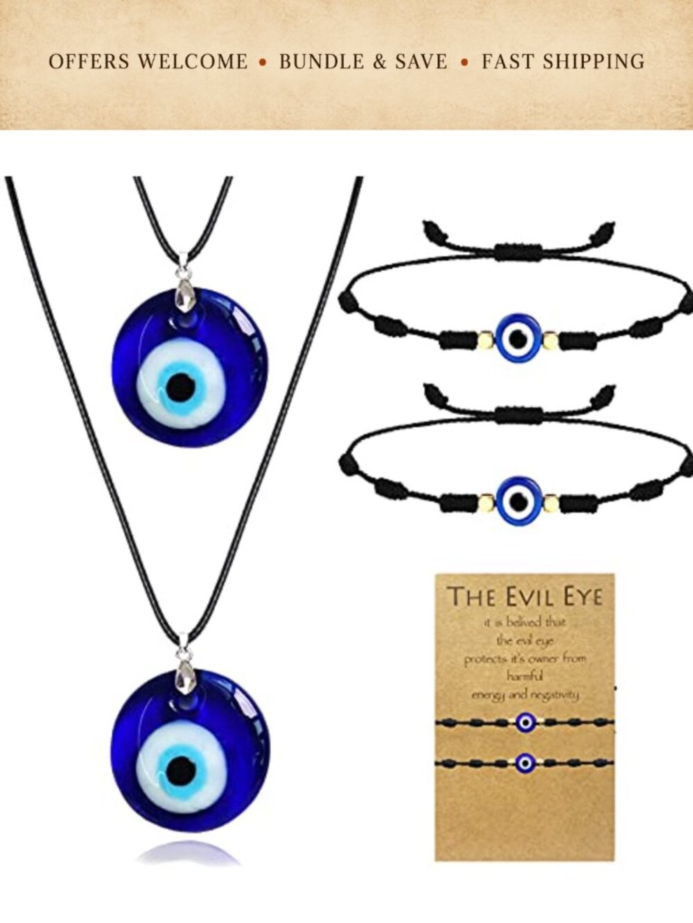 Evil Eye Necklace Bracelet Set Glass Leather Zinc Boho Gift